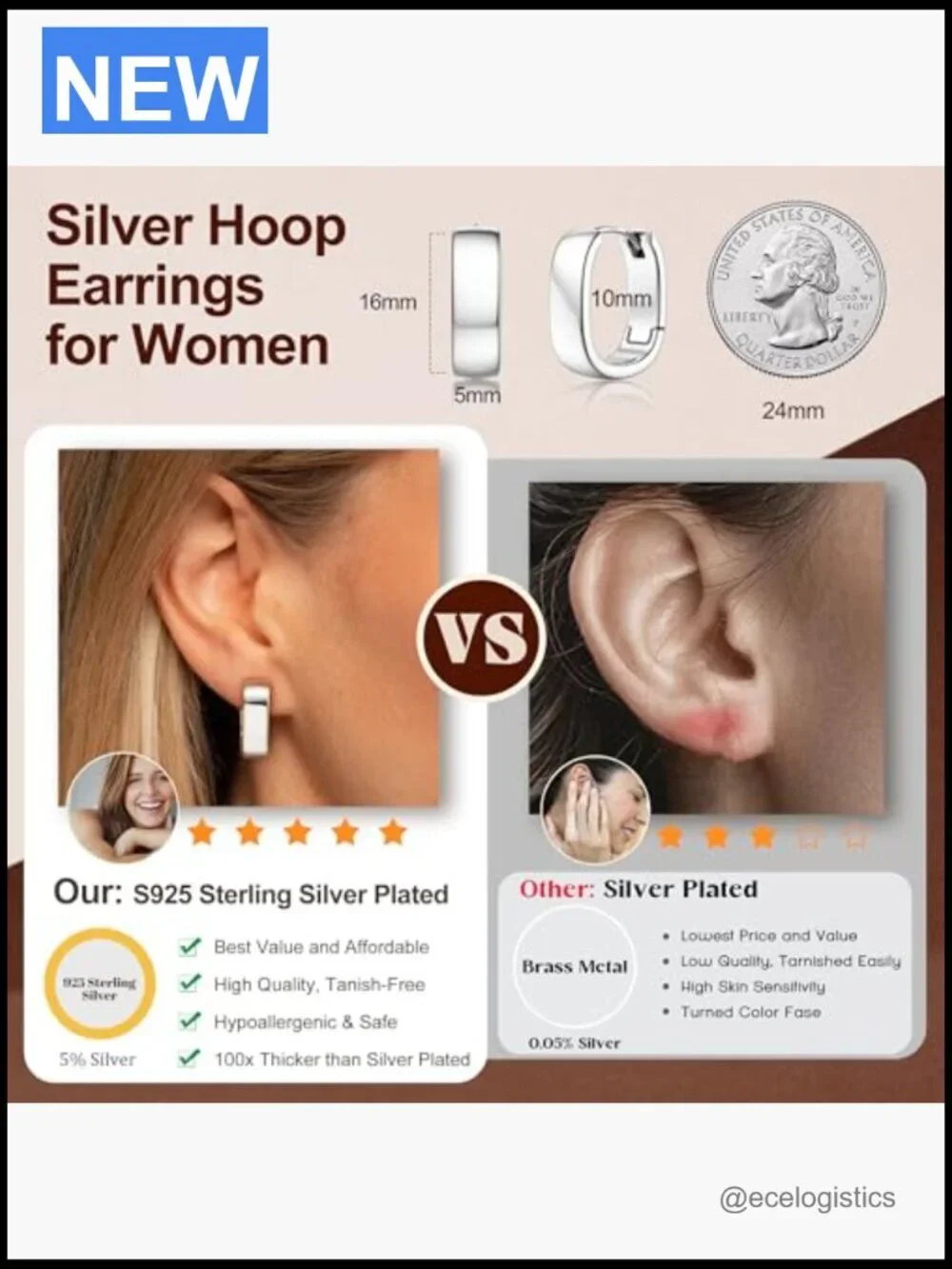 925 Sterling Silver Chunky Hoop Earrings Hypoallergenic Huggie Hoops